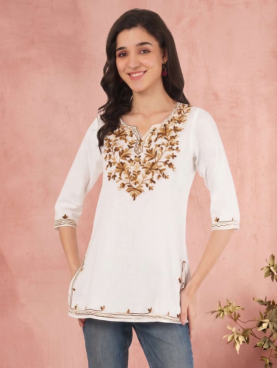 women embroidered notch neck straight kurti