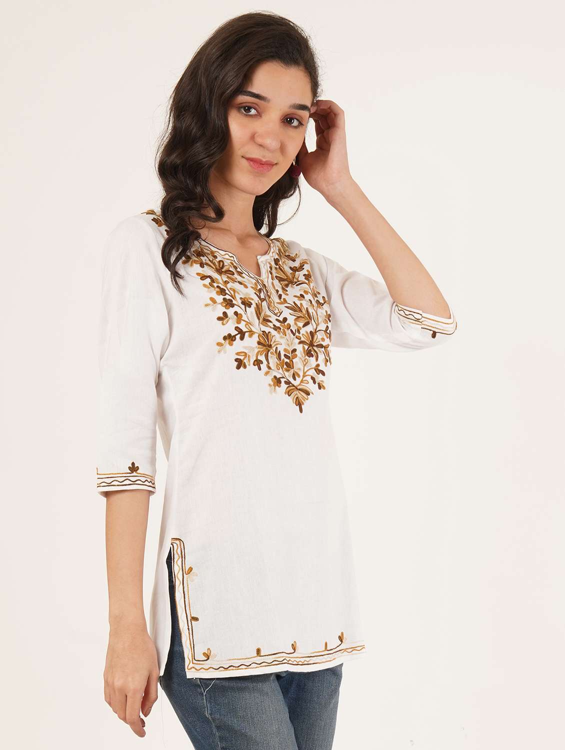 Women Embroidered Notch Neck Straight Kurti - 22542852 -  Standard Image - 3