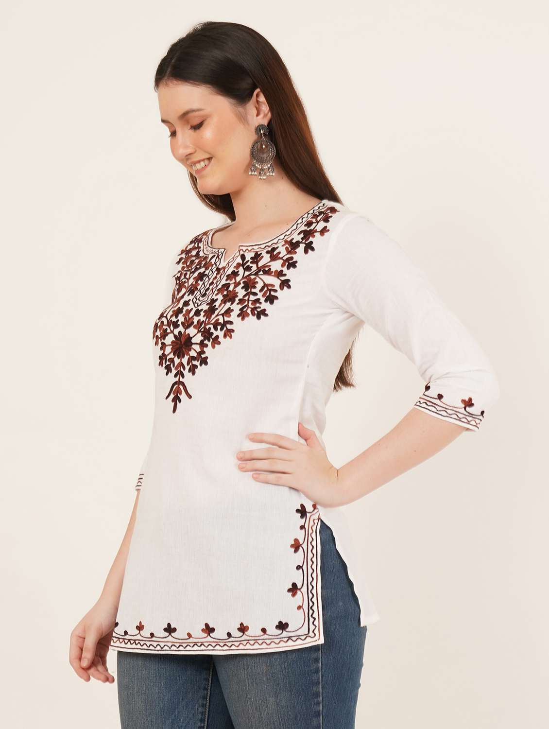 Women Embroidered Notch Neck Straight Kurti - 22542853 -  Standard Image - 3