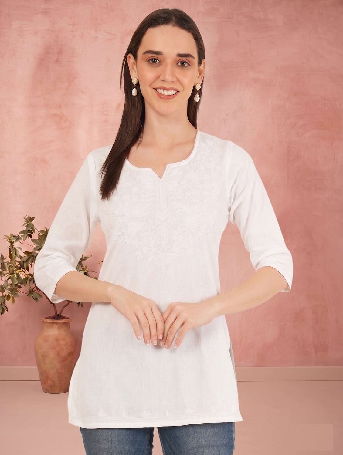 women embroidered notch neck straight kurti