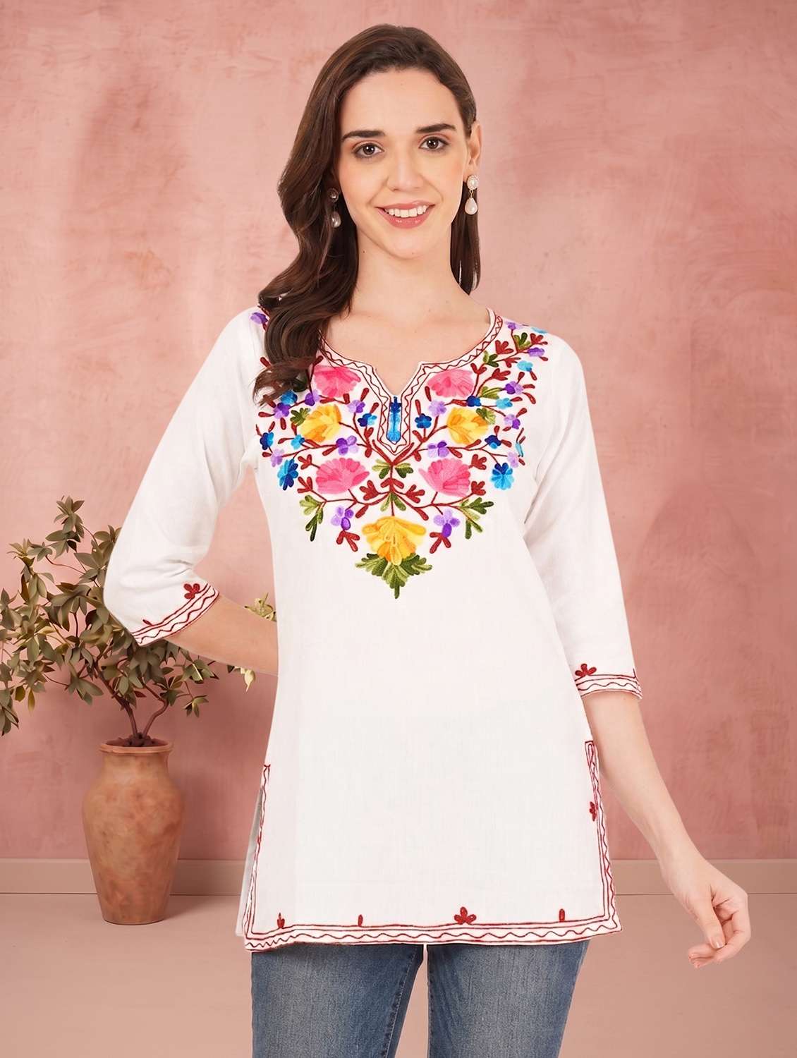 women embroidered notch neck straight kurti