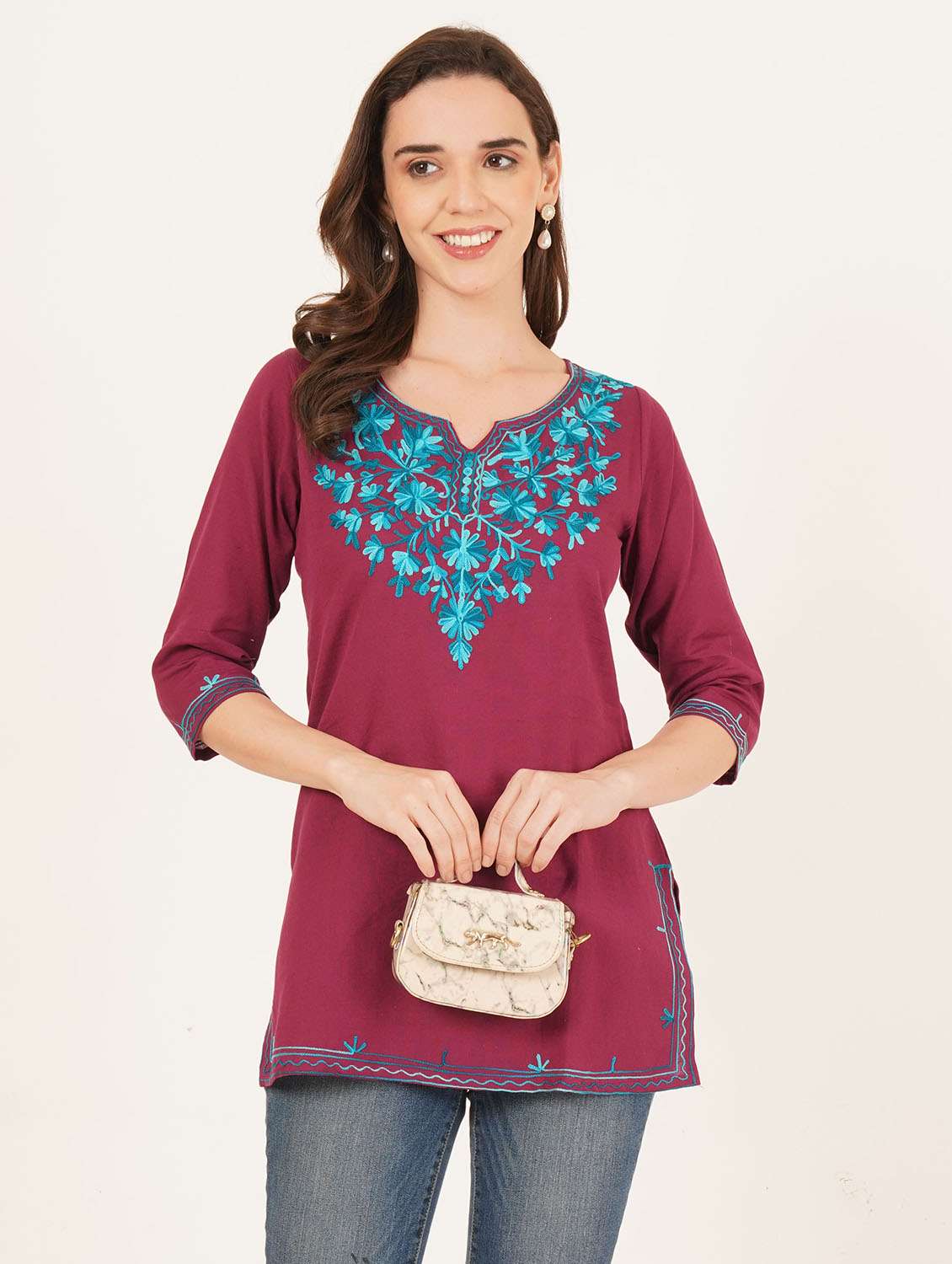 women embroidered notch neck straight kurti