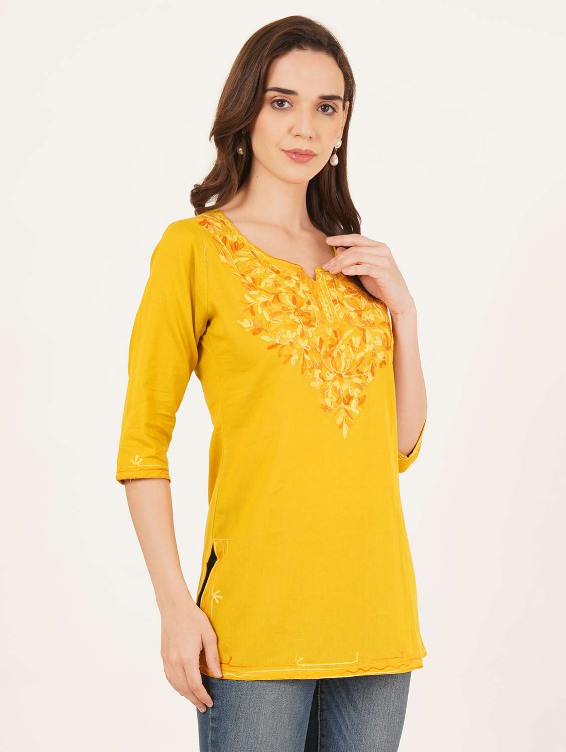 women embroidered notch neck straight kurti