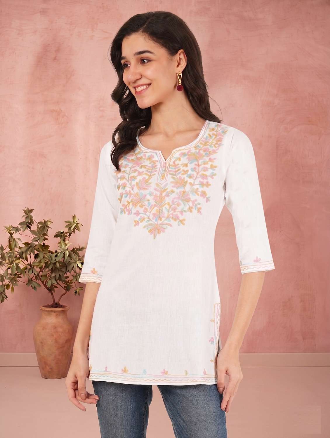 women embroidered notch neck straight kurti