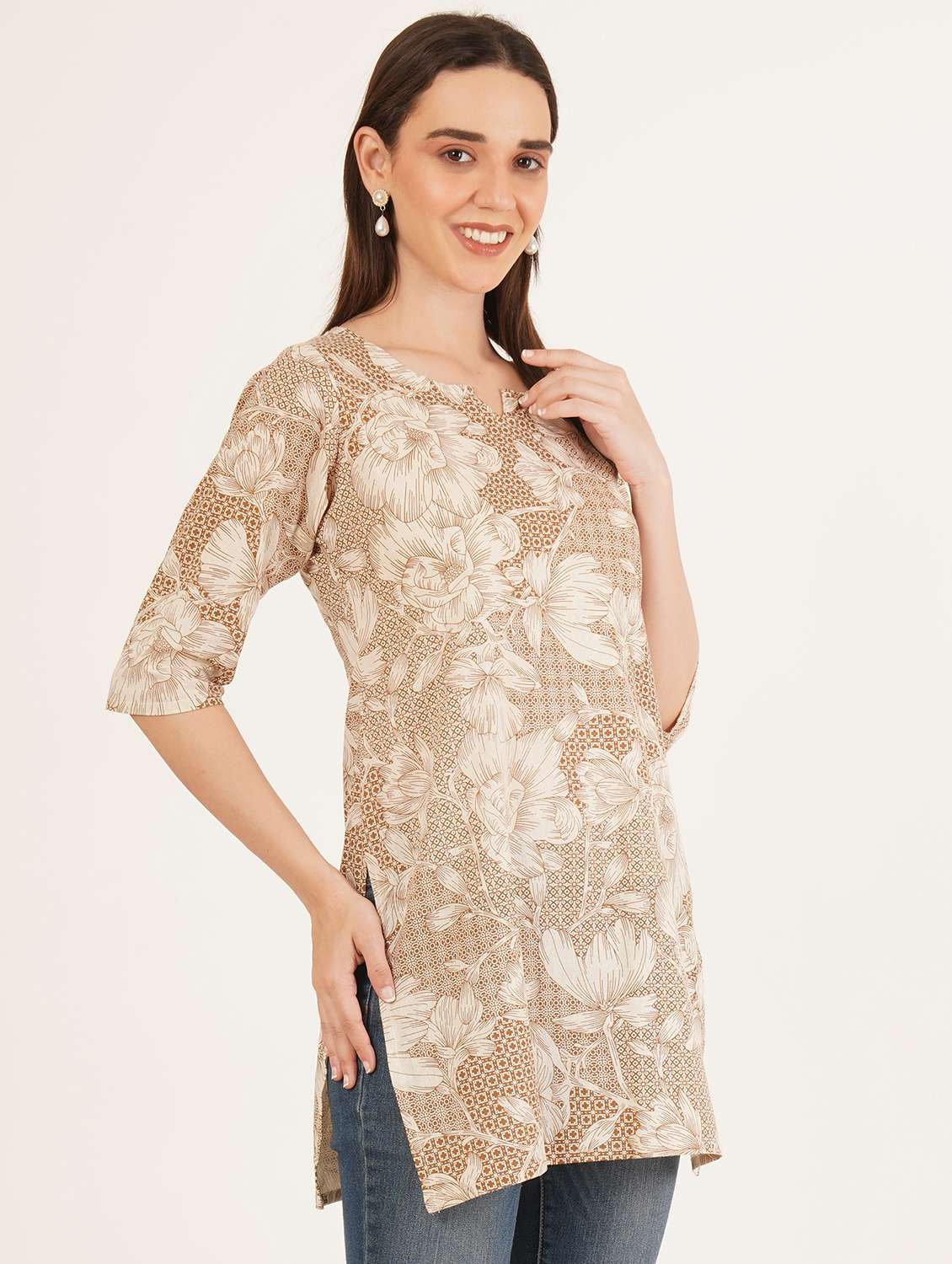 women printed three quarter sleeve straight kurti - 22542868 -  Standard Image - 3