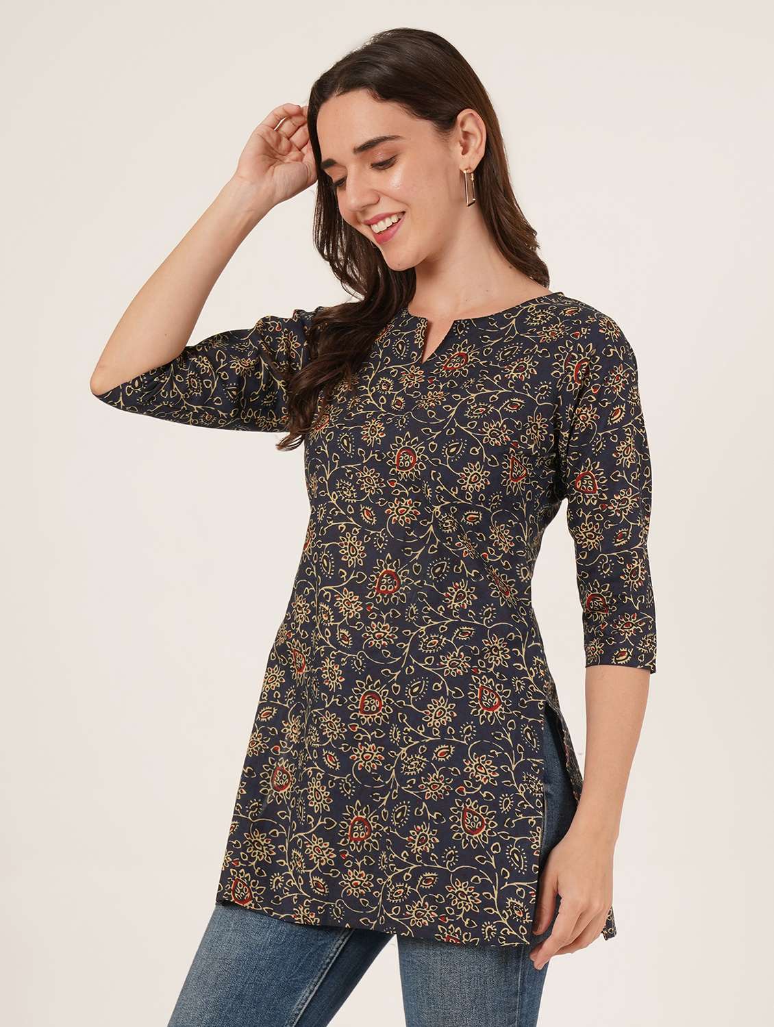 women printed three quarter sleeve straight kurti - 22542874 -  Standard Image - 3