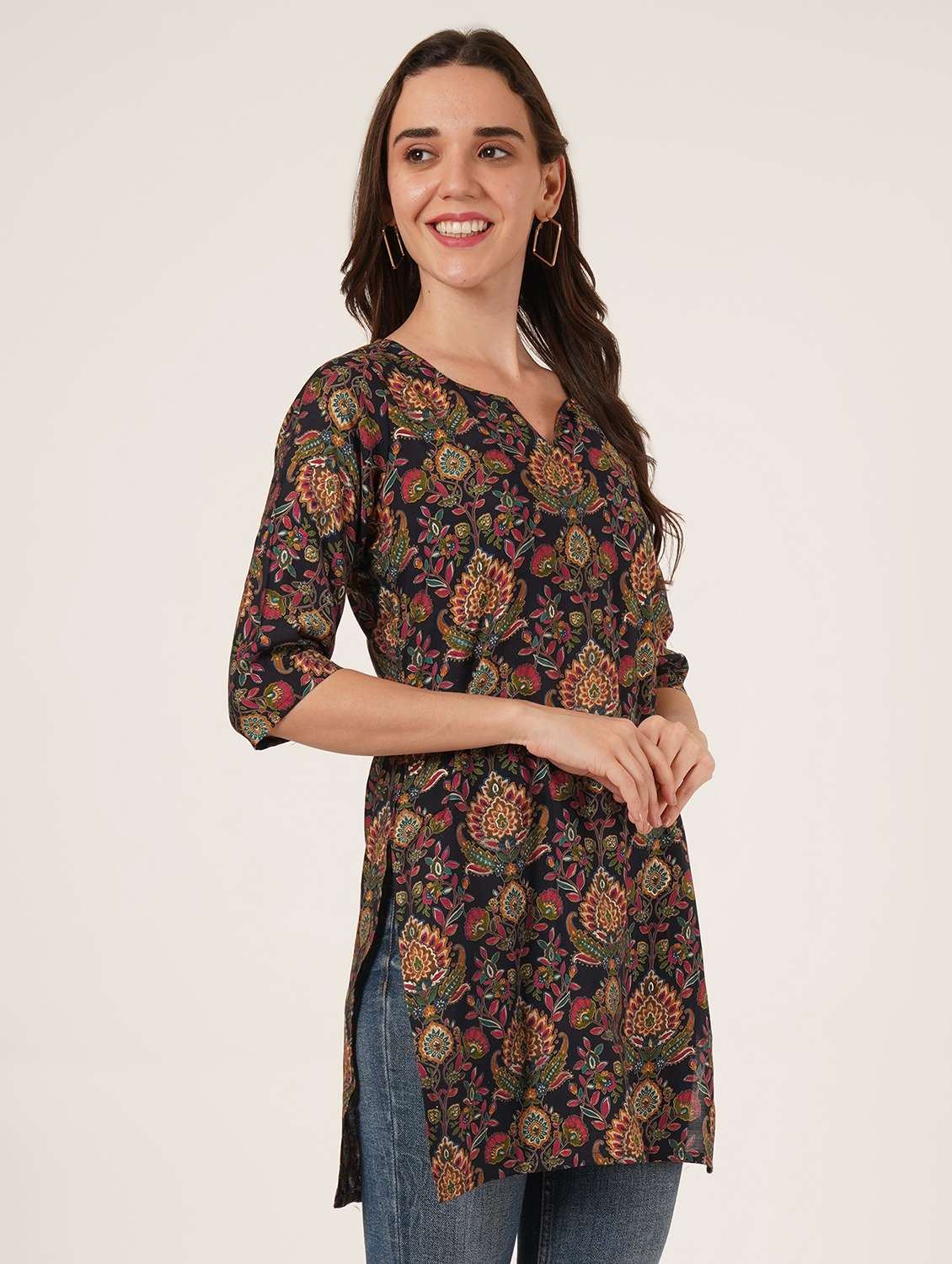 women printed three quarter sleeve straight kurti - 22542880 -  Standard Image - 3