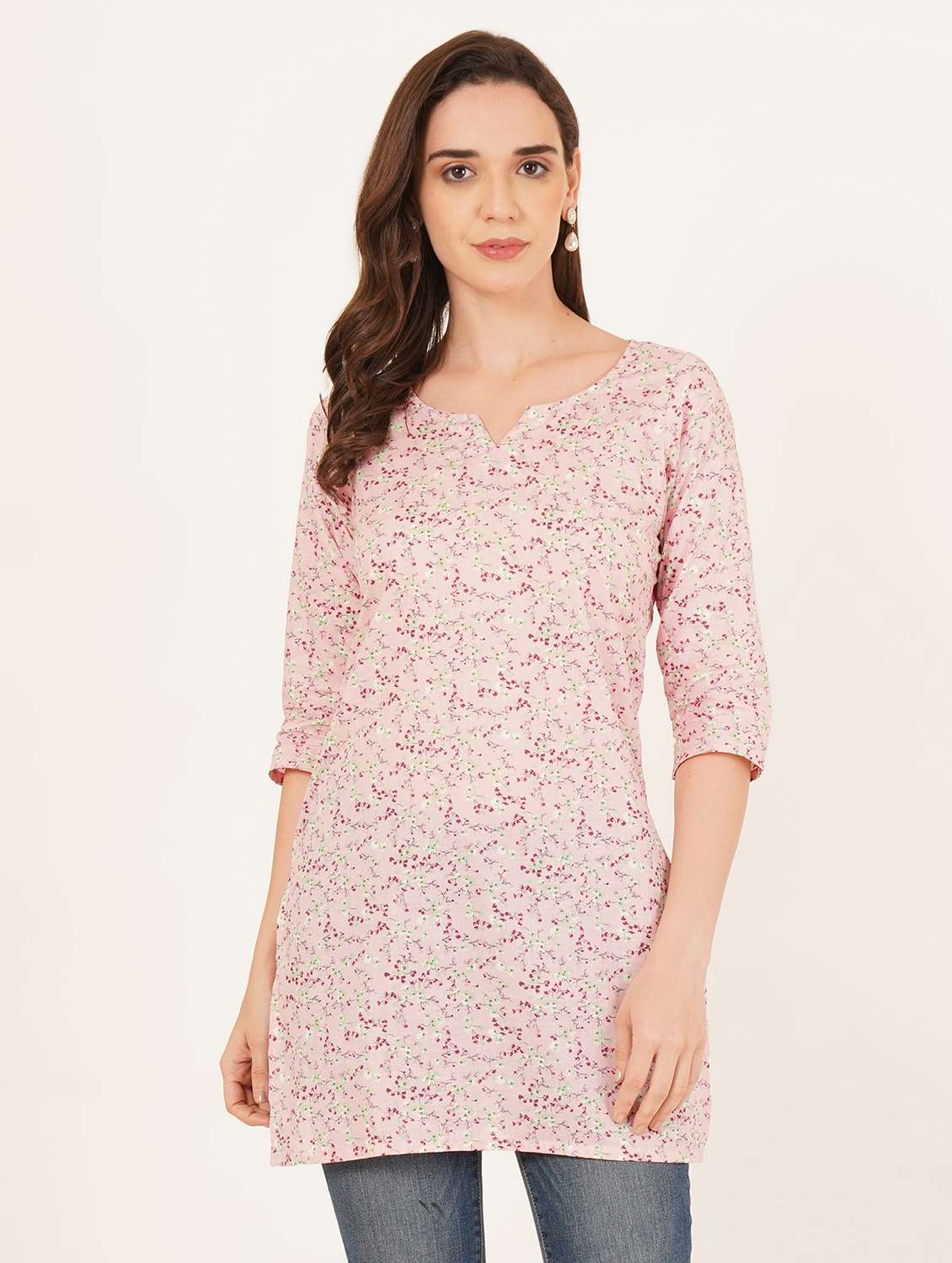 women printed three quarter sleeve straight kurti