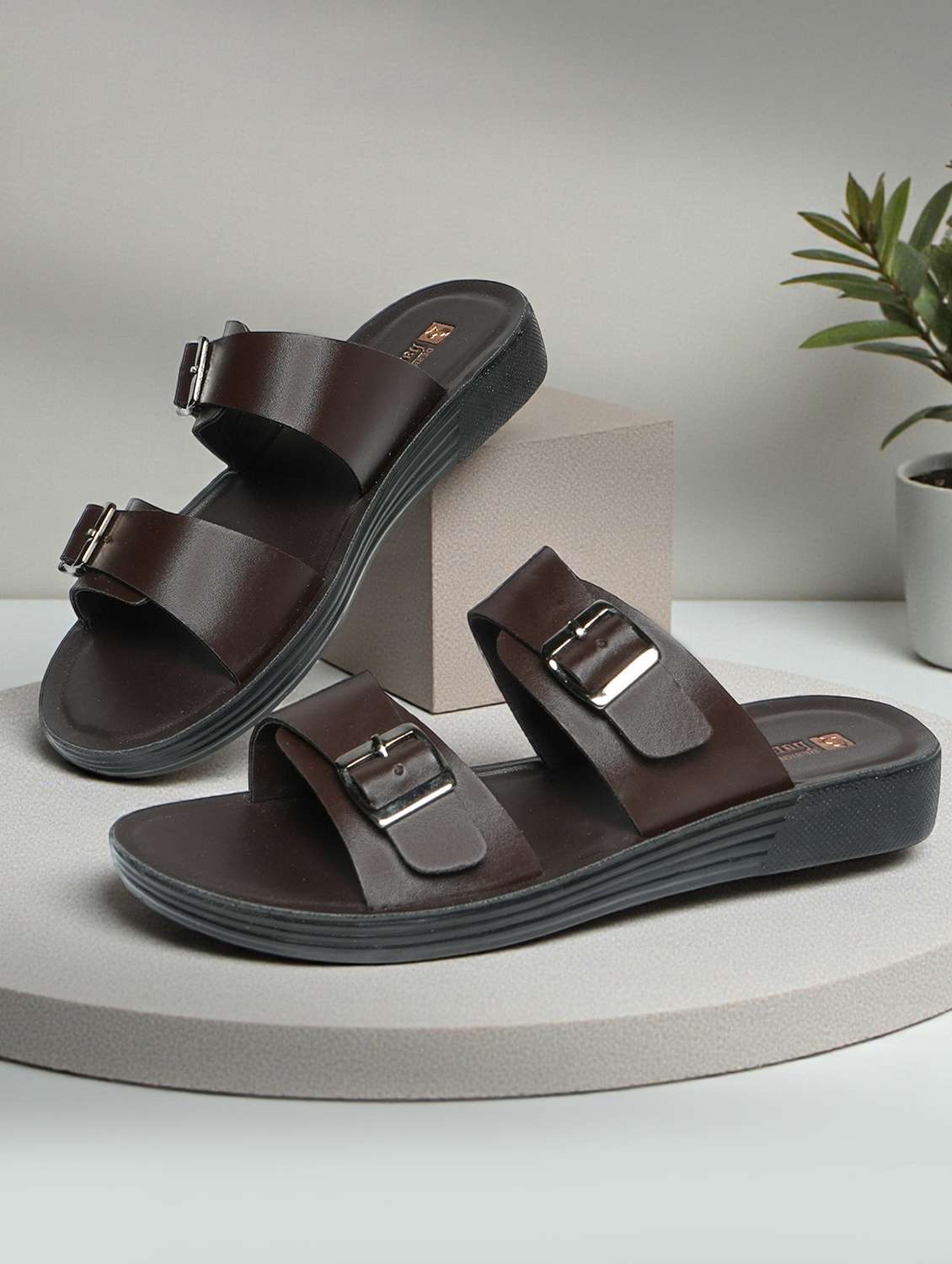women brown slip on sandal