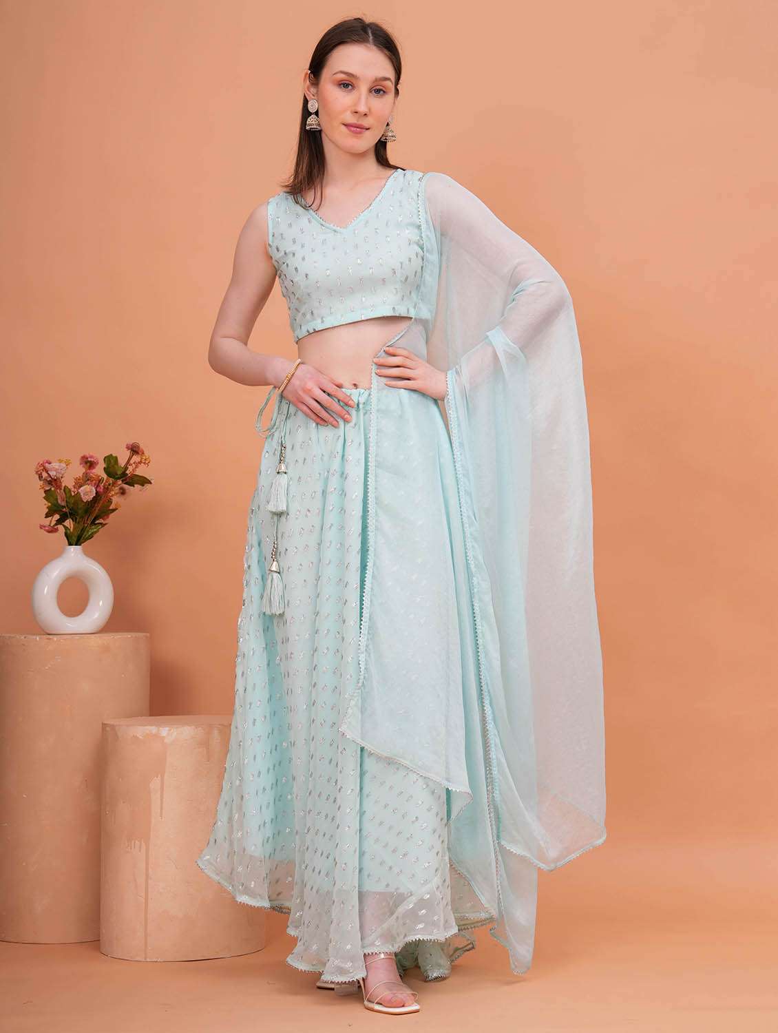 women self design stitched flared lehnga choli with dupatta set
