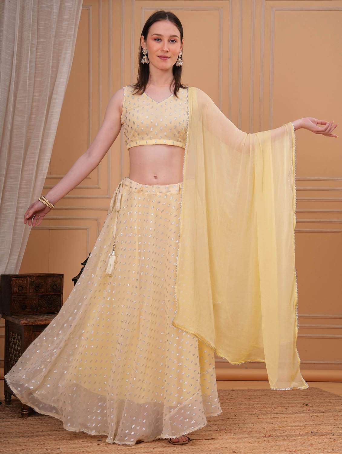 women self design stitched flared lehnga choli with dupatta set