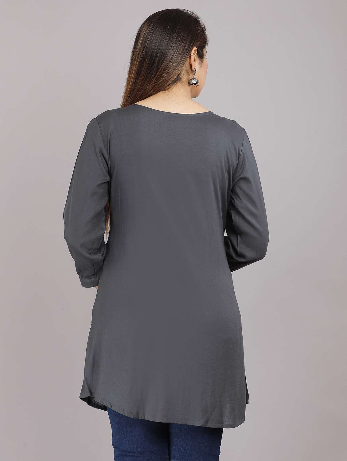 grey rayon solid regular fit round neck three quarter sleeves top - 22543194 -  Standard Image - 3