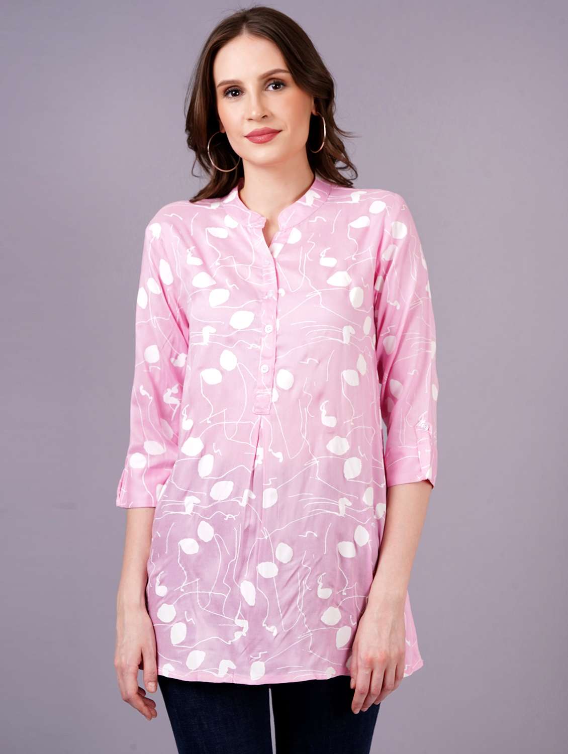 women printed three quarter sleeves a-line tunic