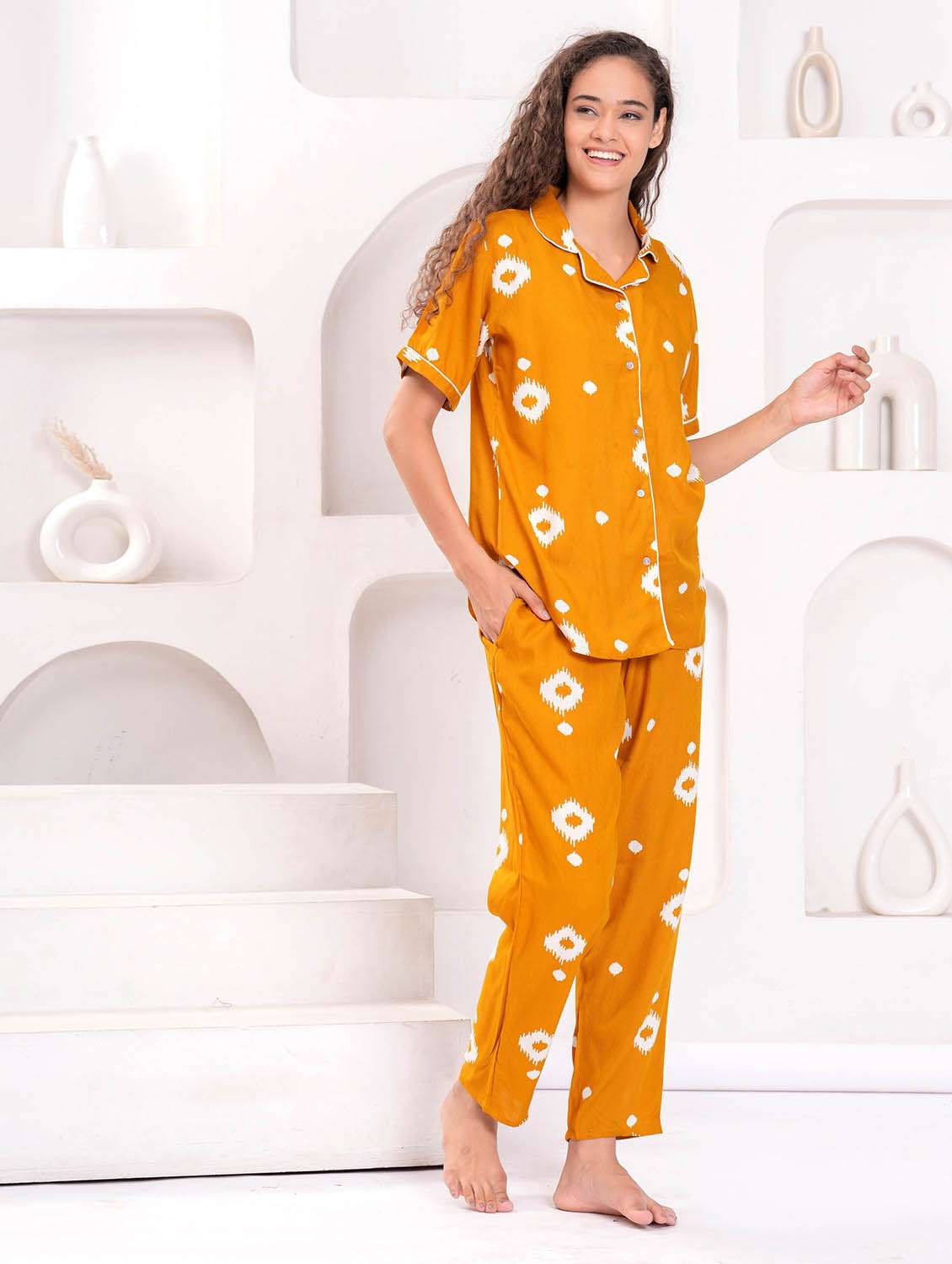 women printed short sleeves shirt and pyjama set - 22543203 -  Standard Image - 3