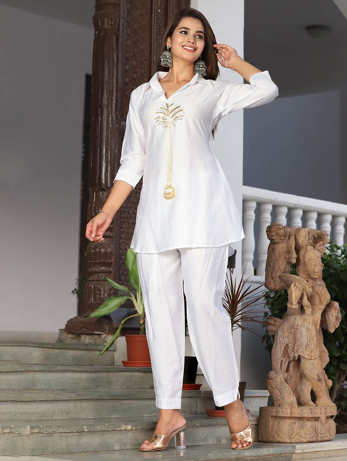 women embroidered three quarter sleeve ethnic co-ord set - 22543208 -  Standard Image - 3