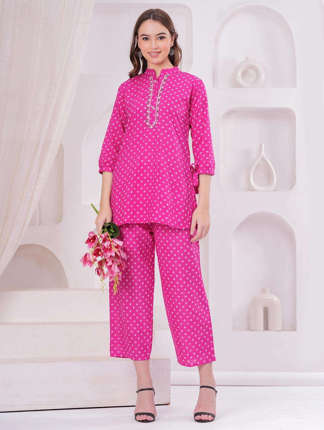 women printed three quarter sleeve ethnic co-ord set
