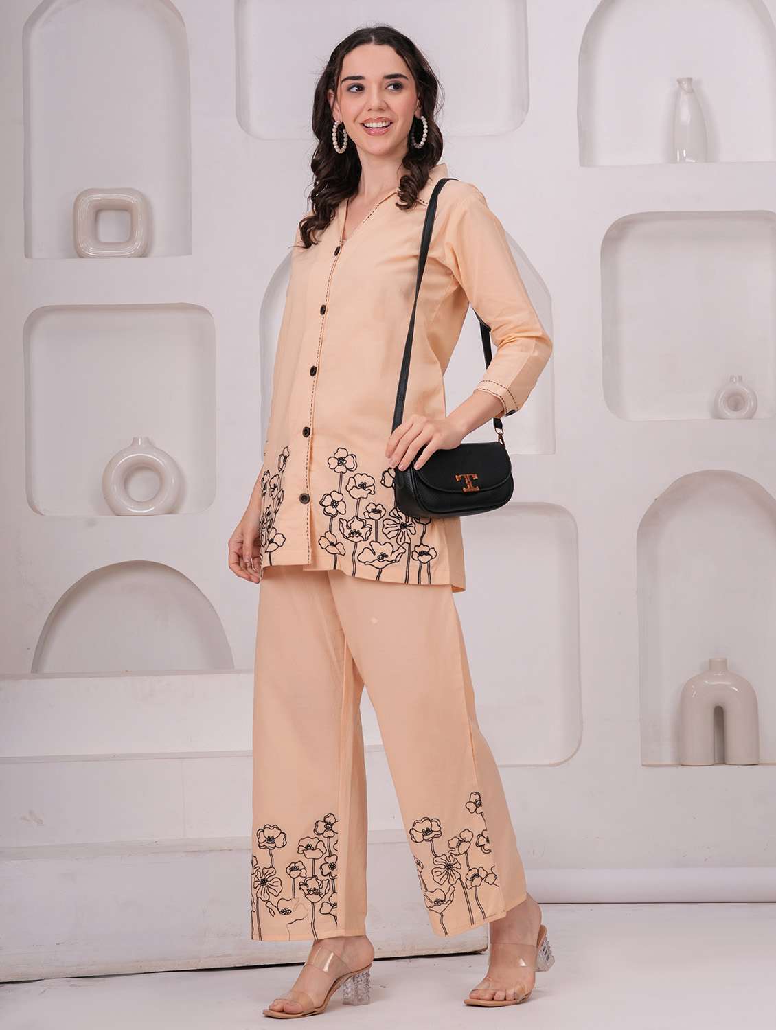 women embroidered three quarter sleeve ethnic co-ord set