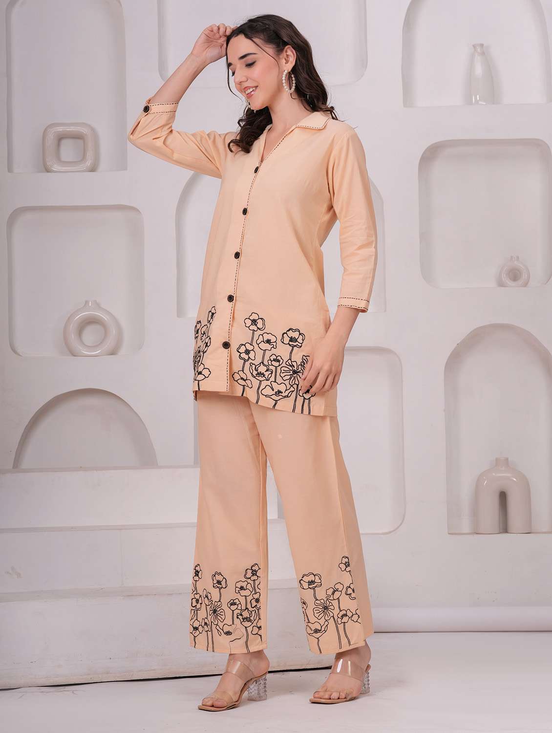 women embroidered three quarter sleeve ethnic co-ord set - 22543218 -  Standard Image - 3