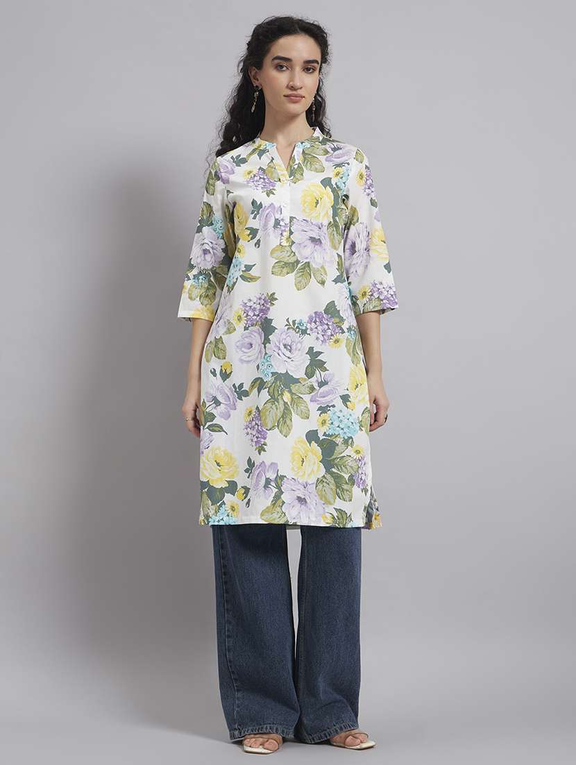 women printed three quarter sleeve straight kurta