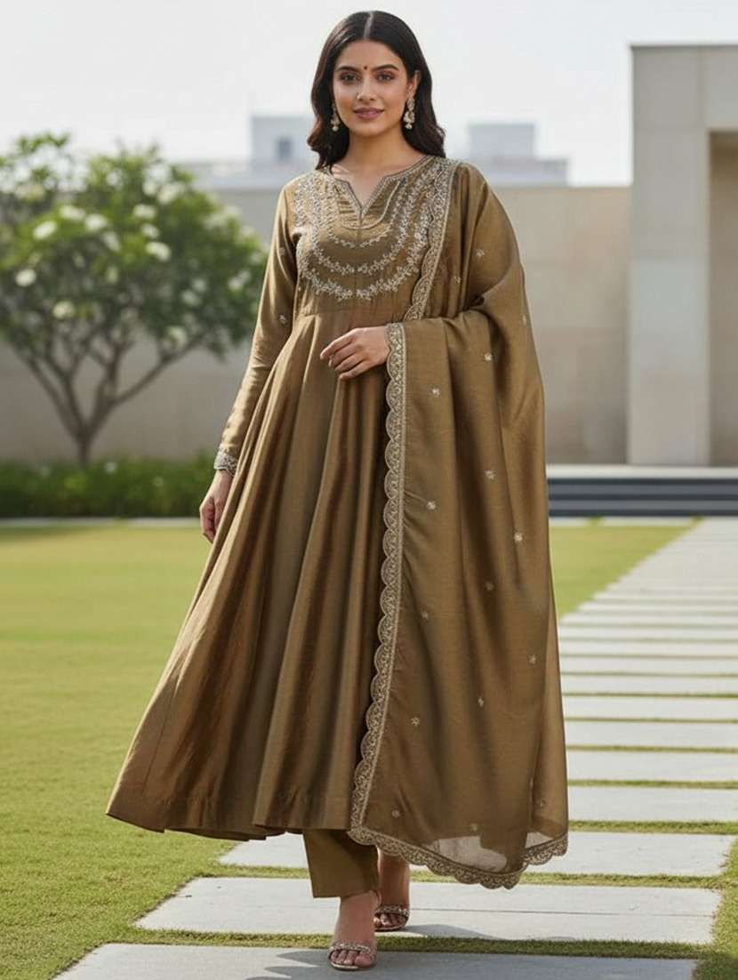 women embroidered long sleeves kurta pant set with dupatta