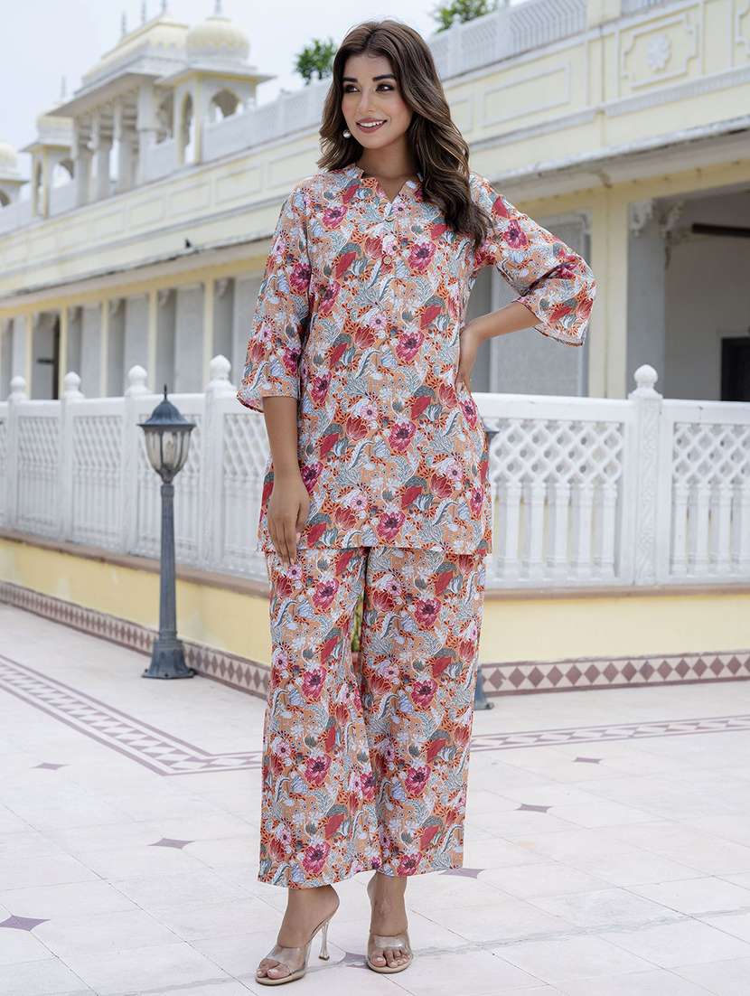 women printed three quarter sleeves ethnic co-ord set