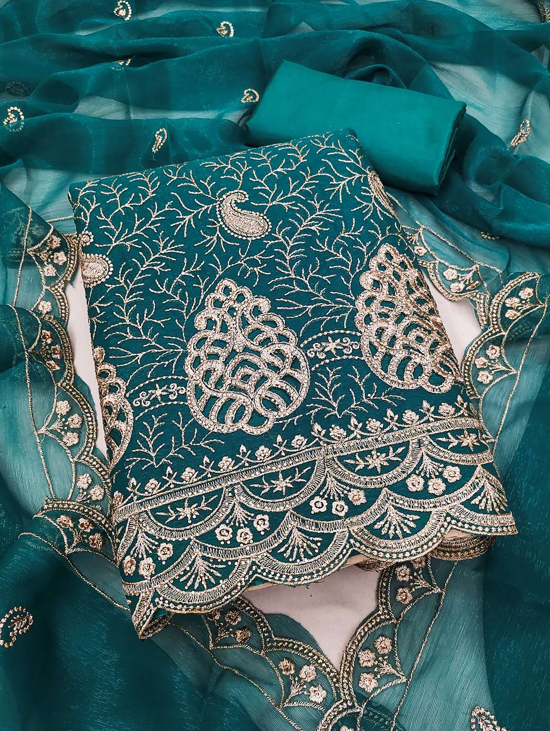 women solid with work unstitched suit set
