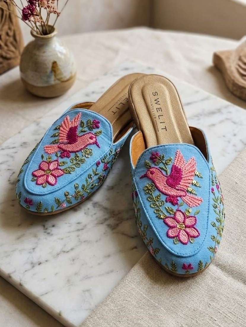 women embroidered slip on mules