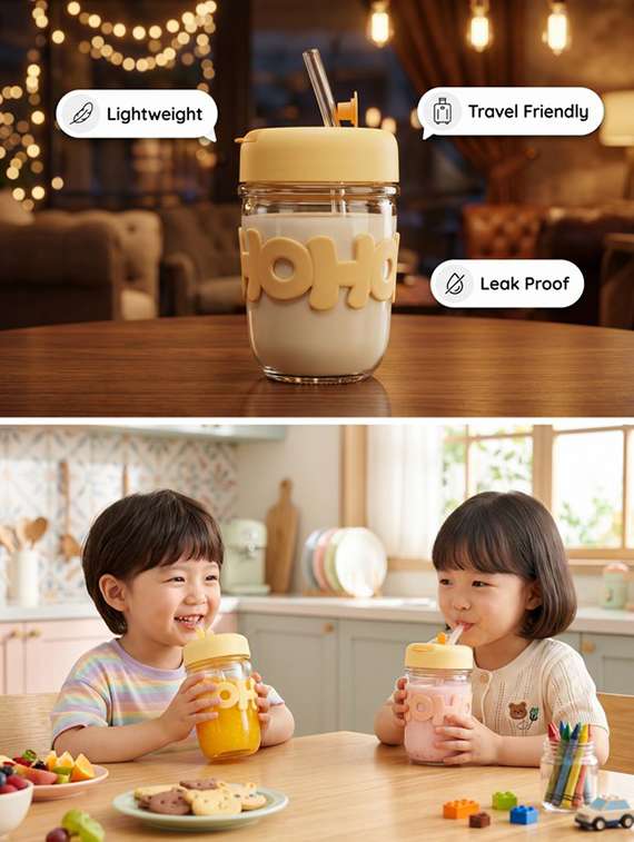 set of 2 glass water & juice glasses with lids and straws - 22543825 -  Standard Image - 5