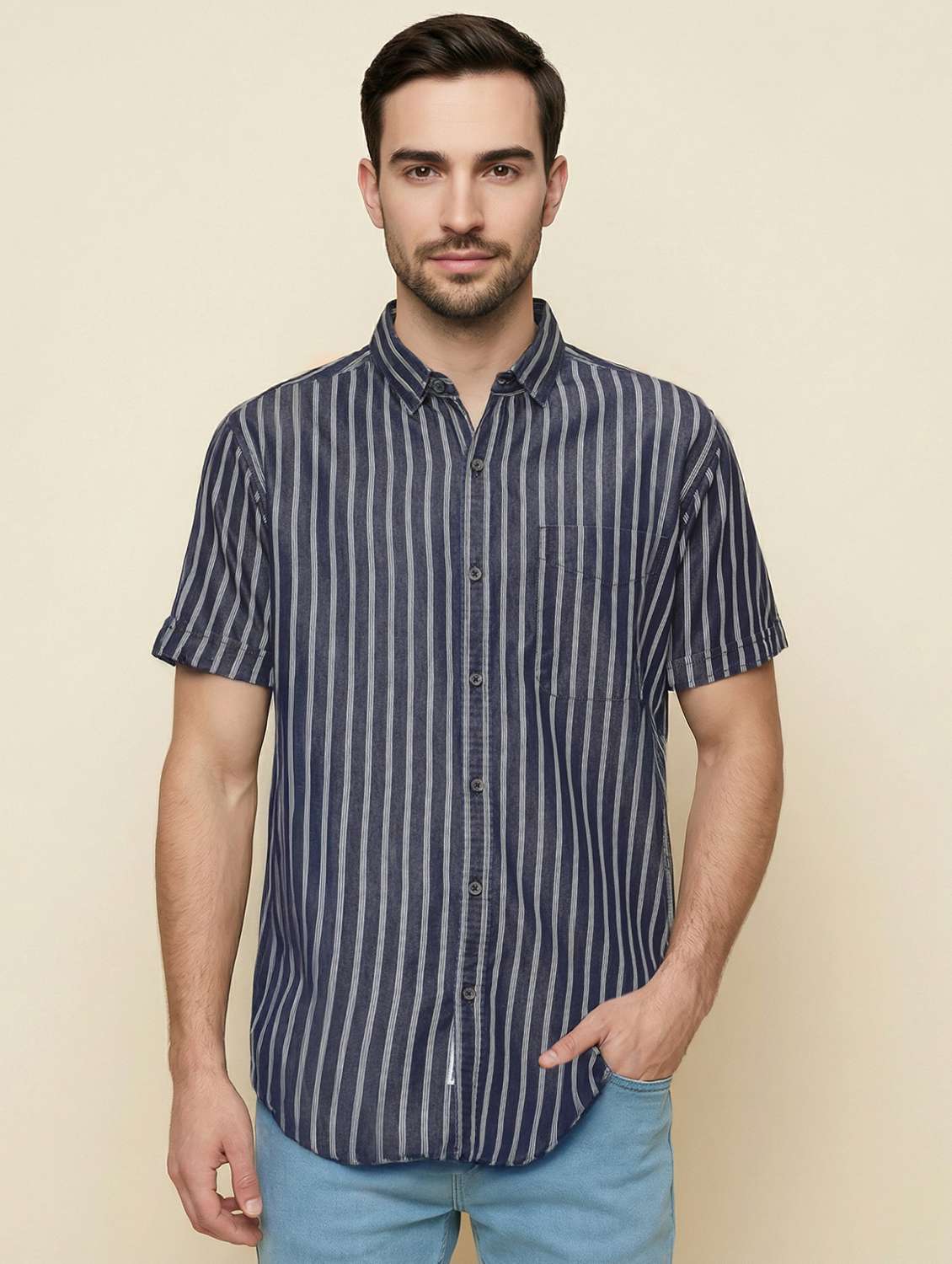 men striped short sleeve regular fit casual shirt