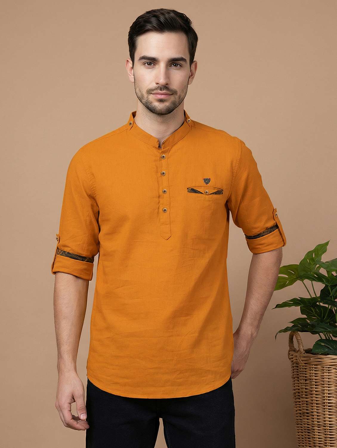 men solid mandarin neck short kurta