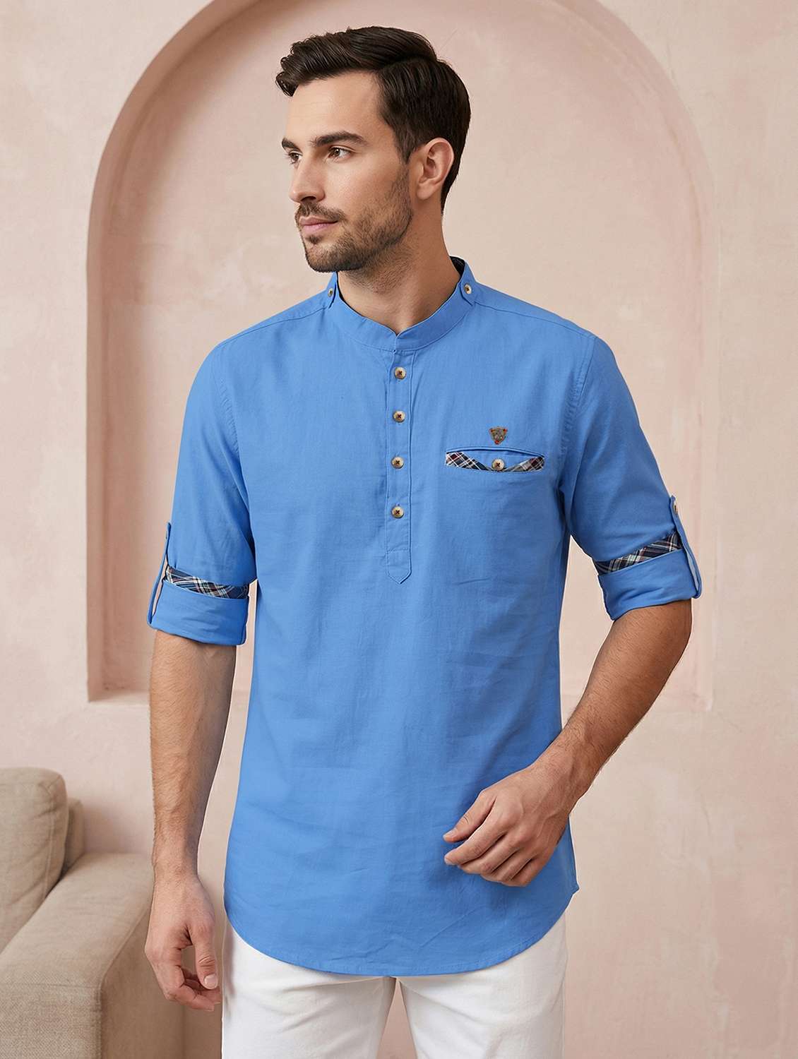men solid mandarin neck short kurta