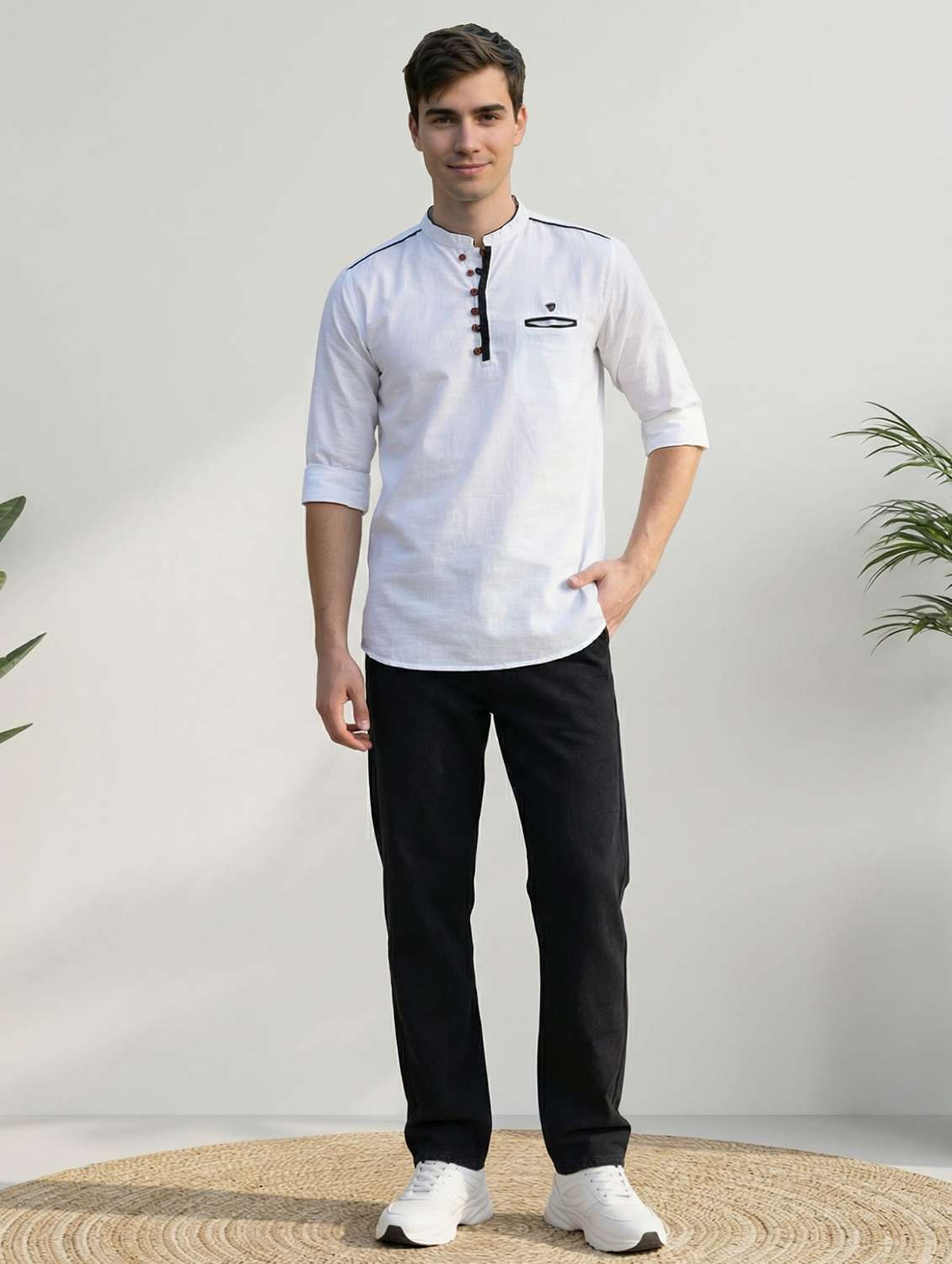 men solid mandarin neck short kurta - 22543962 -  Standard Image - 5
