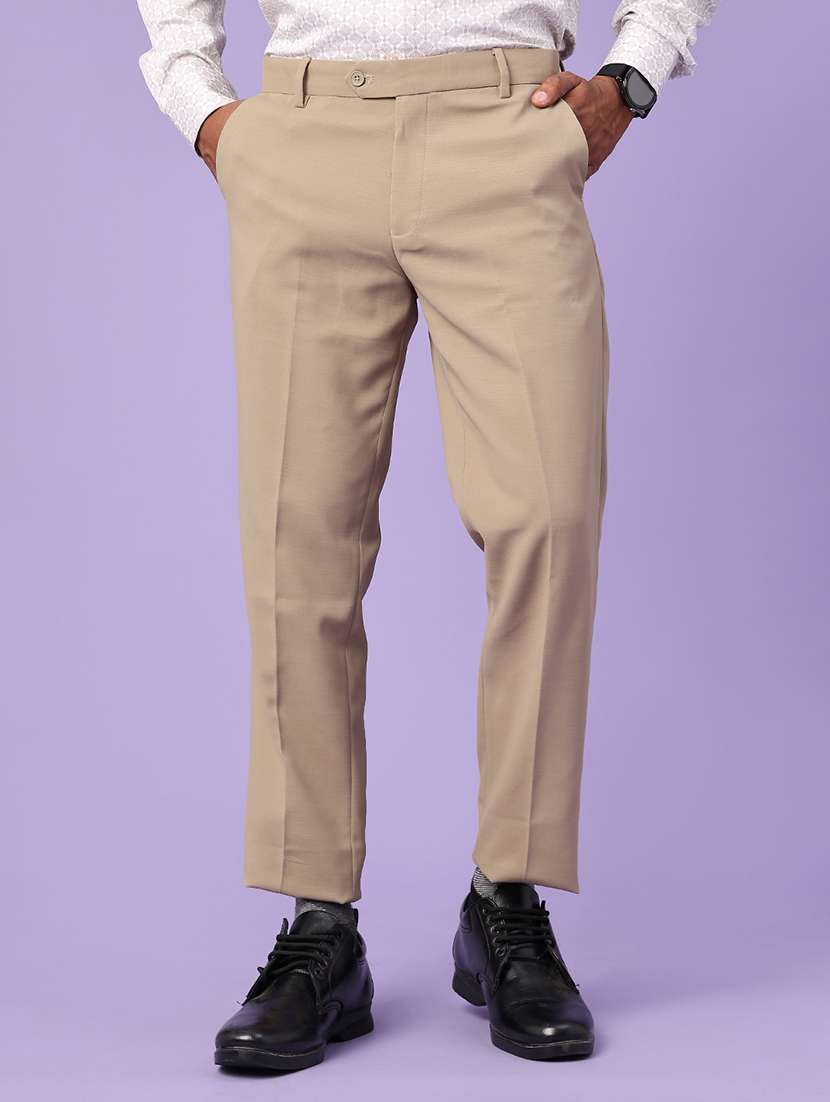 men solid mid rise flat formal trouser