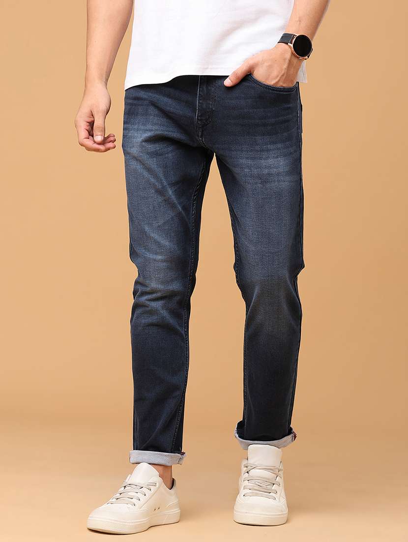 men washed mid rise ankle length slim fit jeans