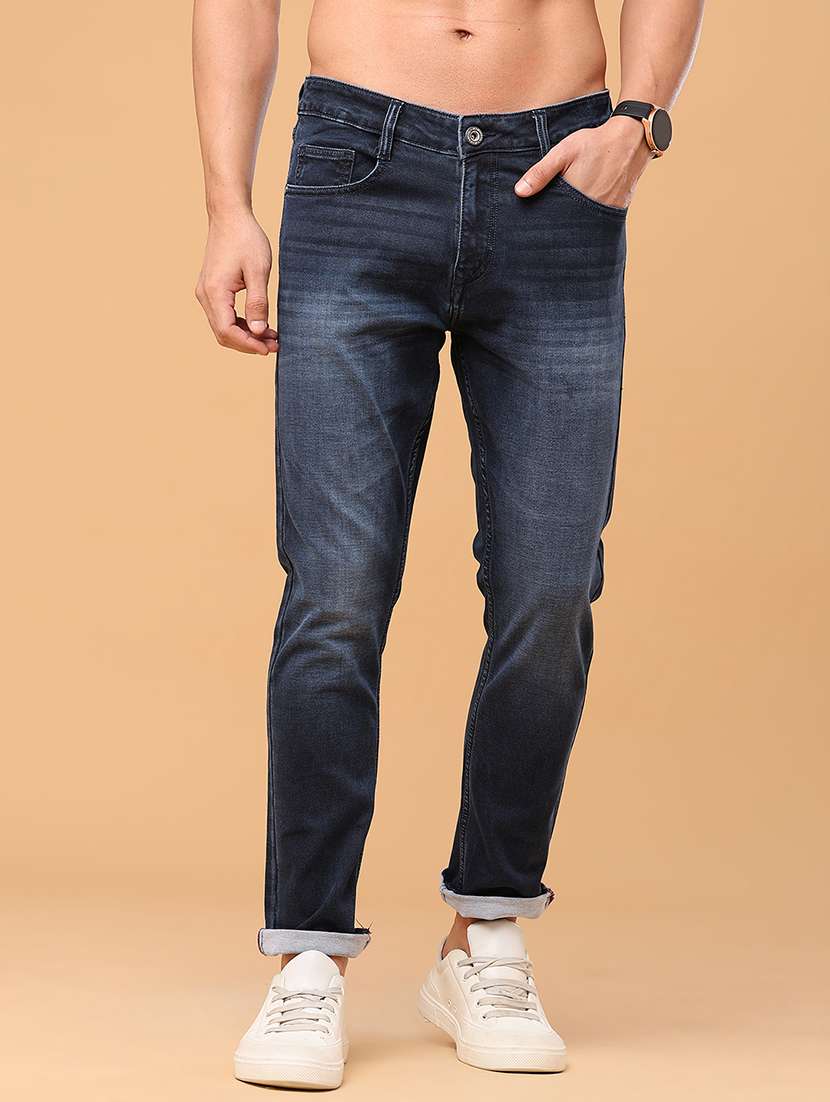 men washed mid rise ankle length tapered jeans