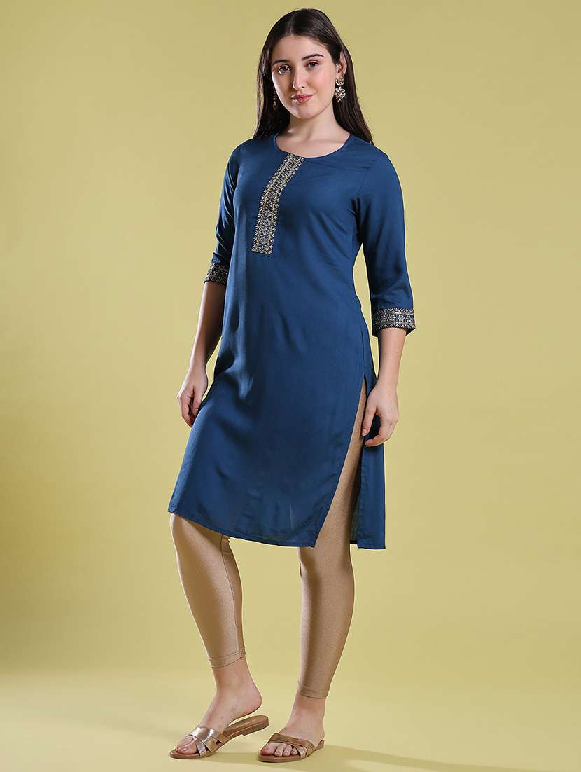 Women Embroidered Three Quarter Sleeve Straight Kurta - 22545337 -  Standard Image - 3