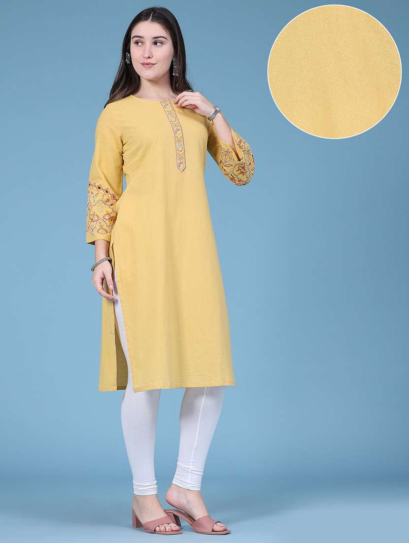 women embroidered three quarter sleeves straight kurta - 22545921 -  Standard Image - 3