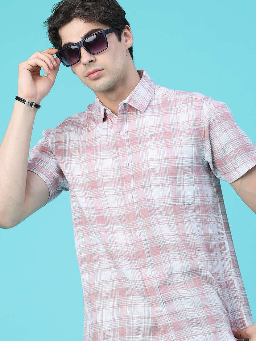 men checkered short sleeve regular fit casual shirt