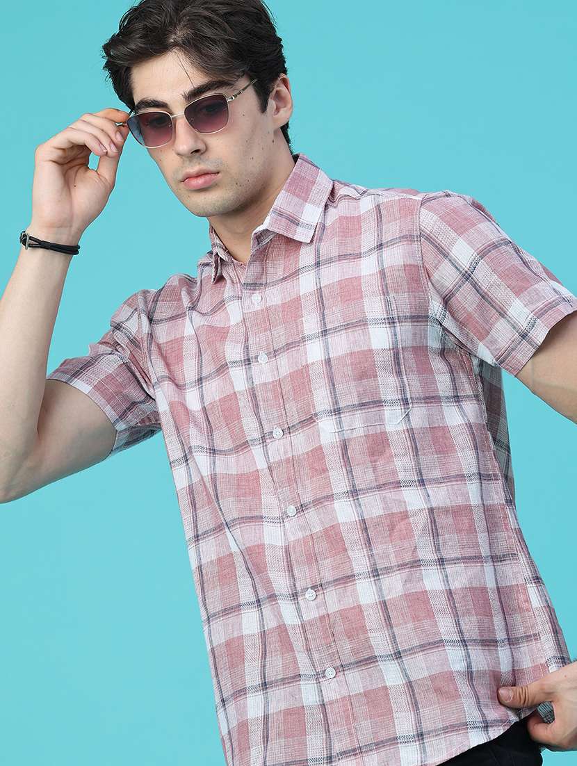 men checkered short sleeve regular fit casual shirt