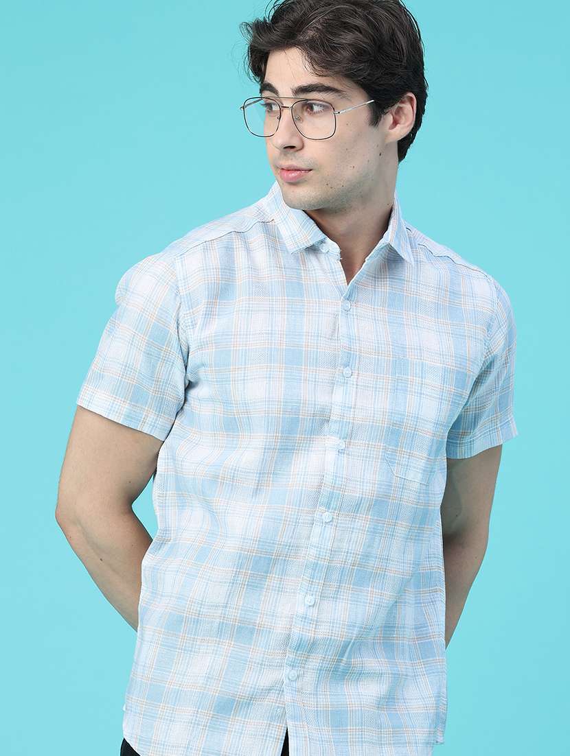 men checkered short sleeve regular fit casual shirt