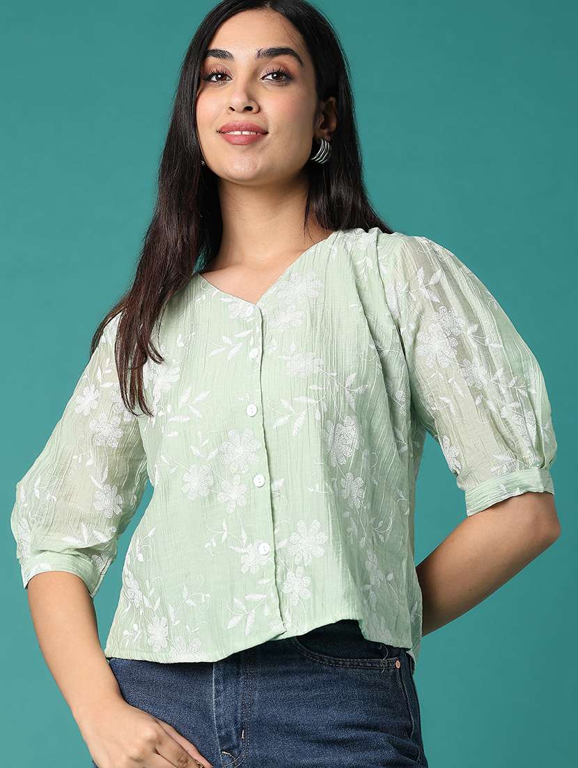 women embroidered puff sleeves regular top
