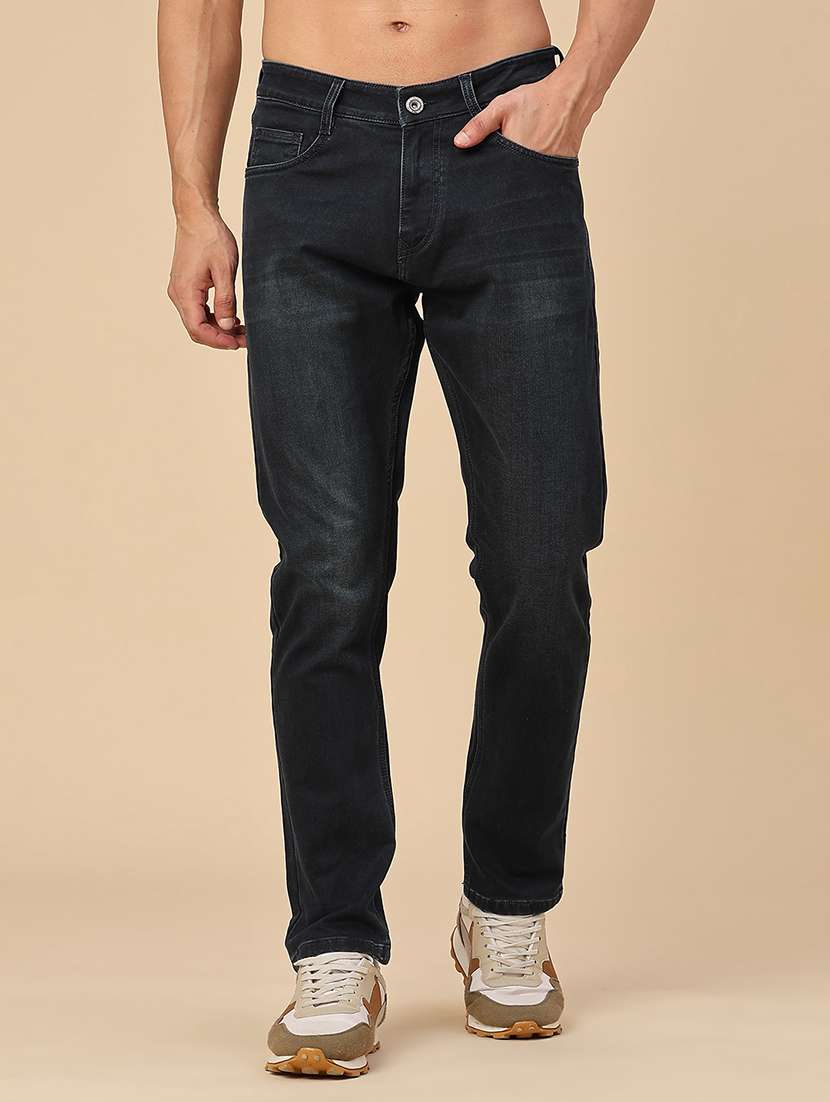 men washed mid rise full length tapered jeans