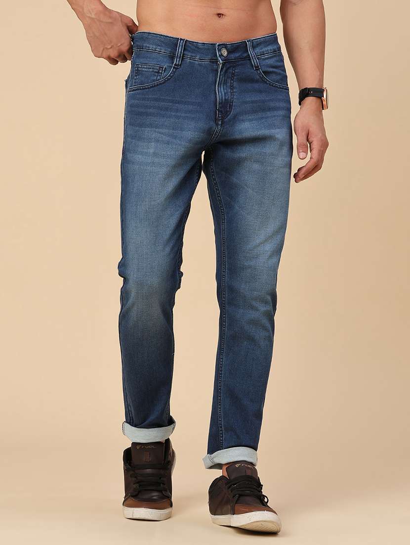 men washed mid rise full length slim fit jeans