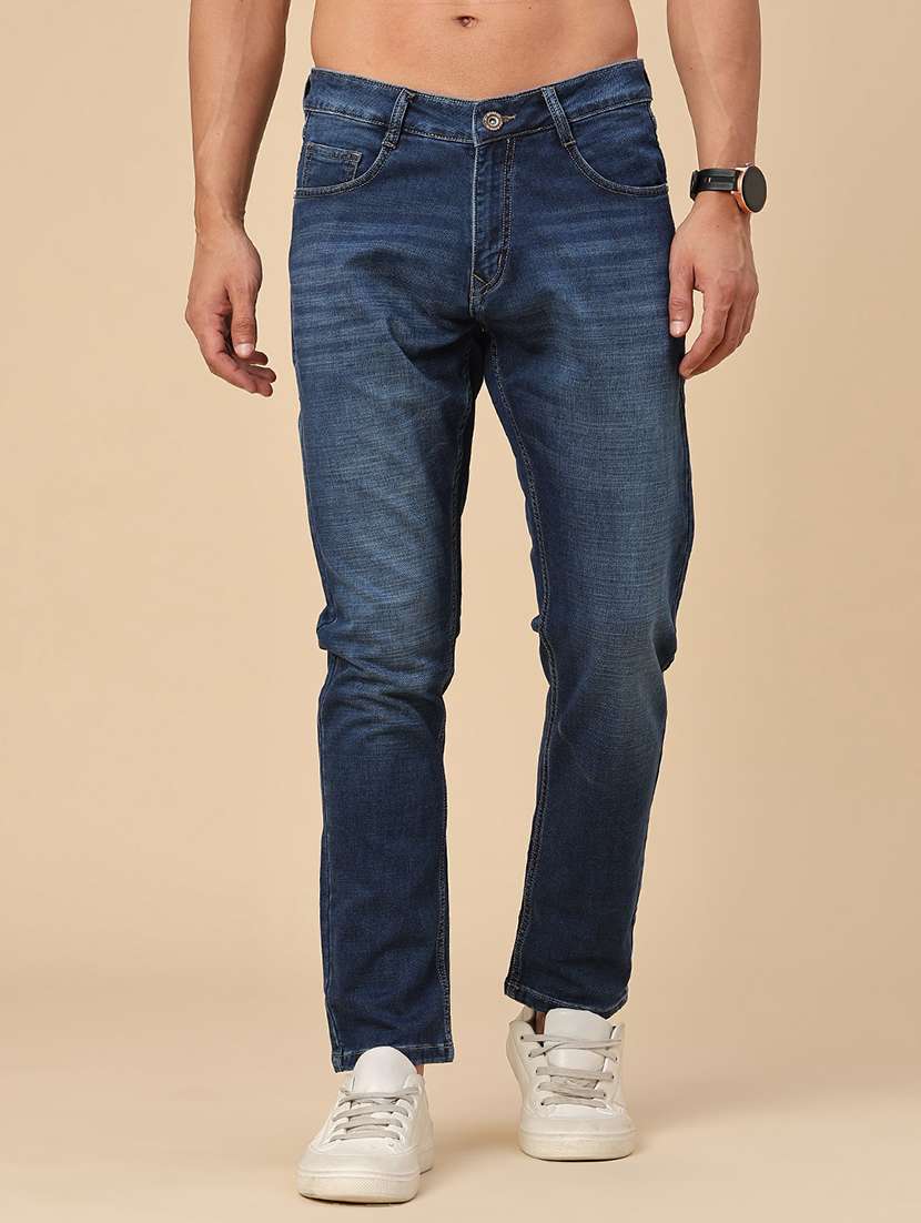 men washed mid rise full length straight jeans