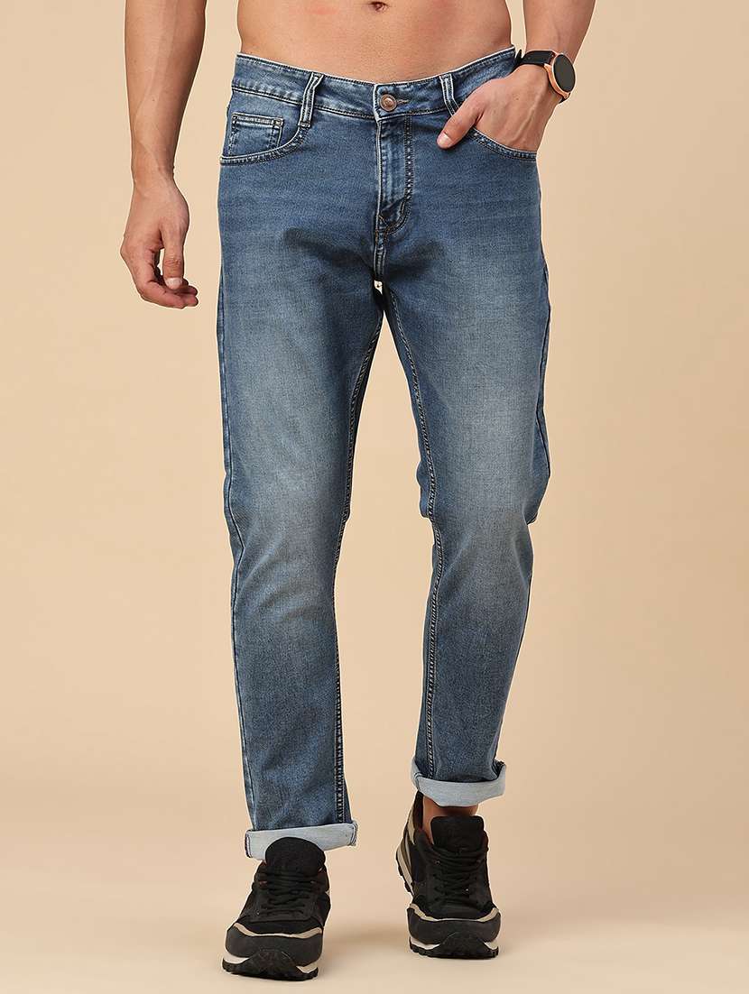 men washed mid rise full length tapered jeans