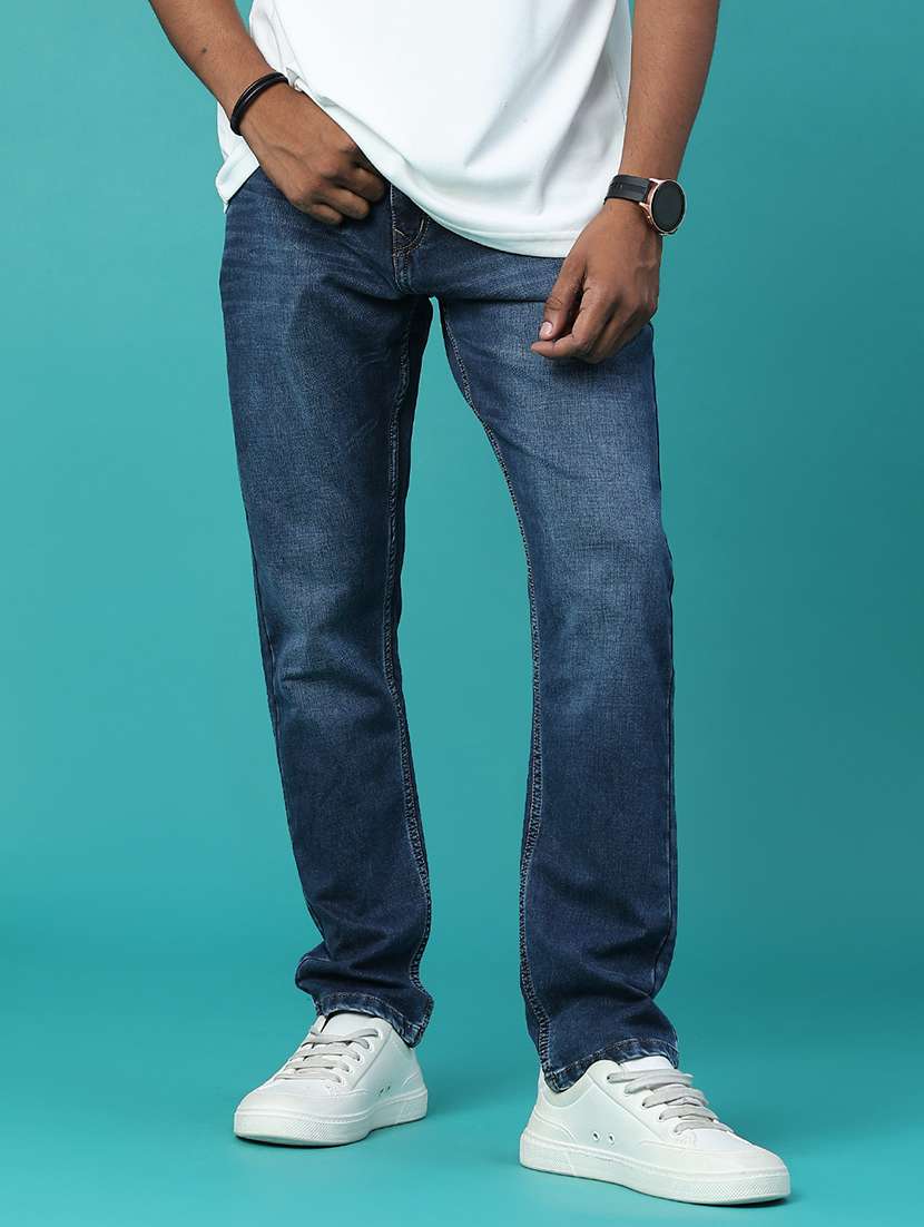 men washed mid rise full length straight jeans