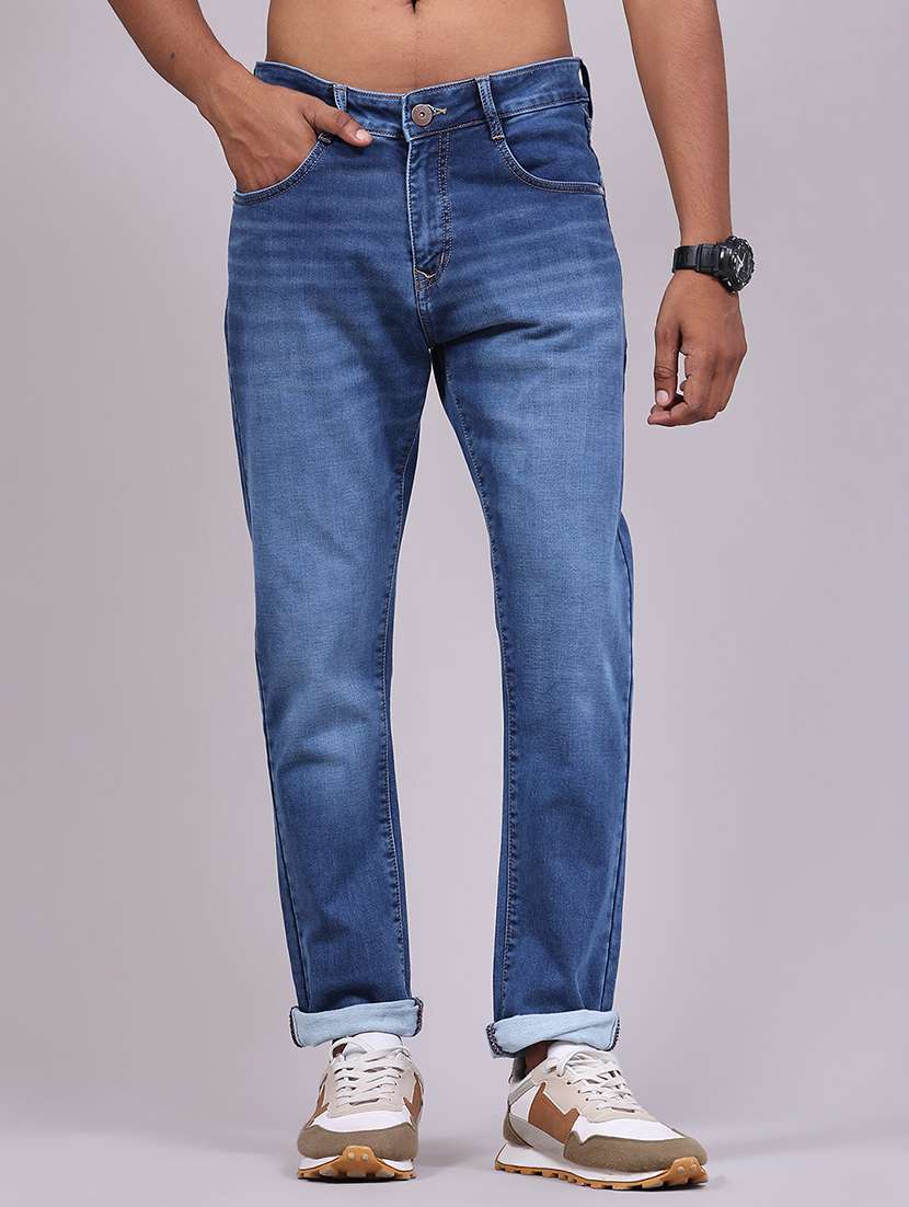 men washed mid rise full length tapered jeans