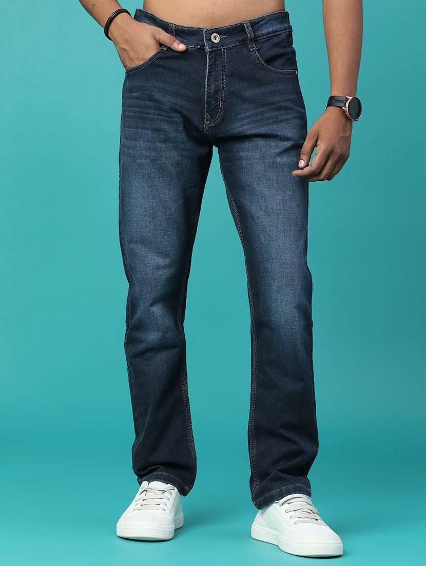 men washed mid rise full length straight jeans