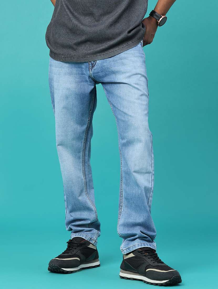 men washed mid rise full length straight jeans
