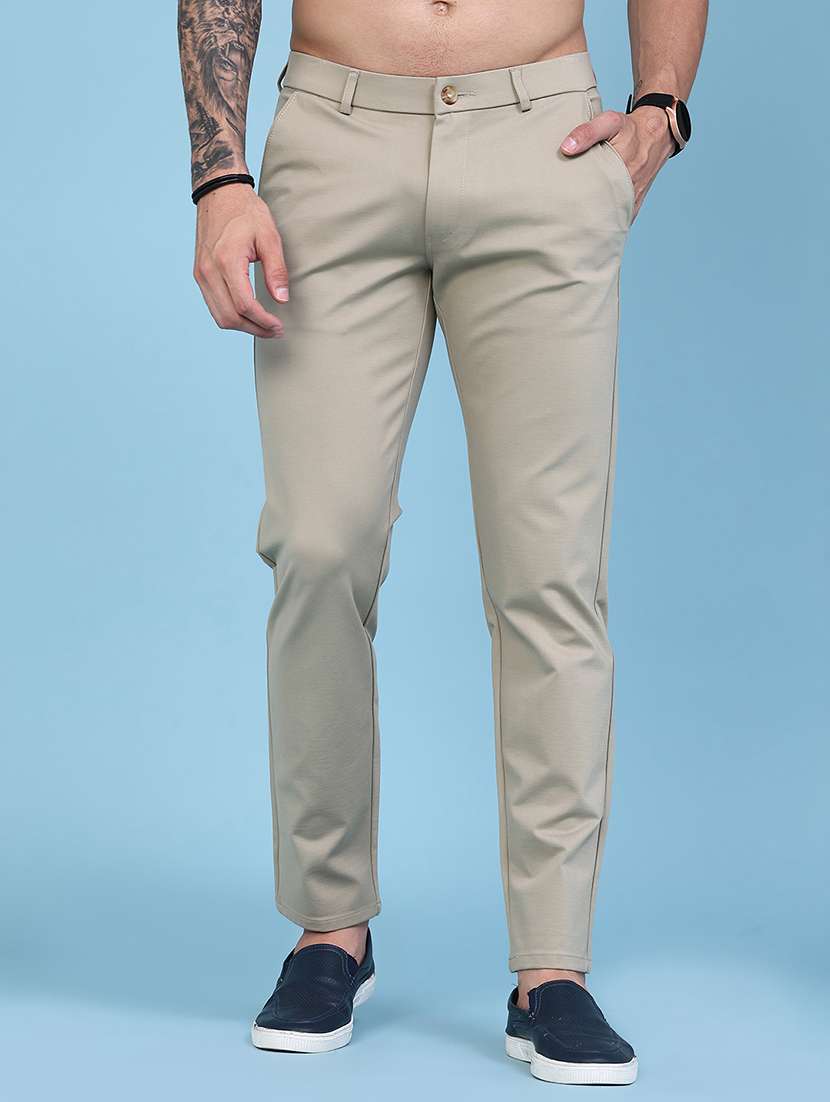 men solid mid rise chinos casual trouser